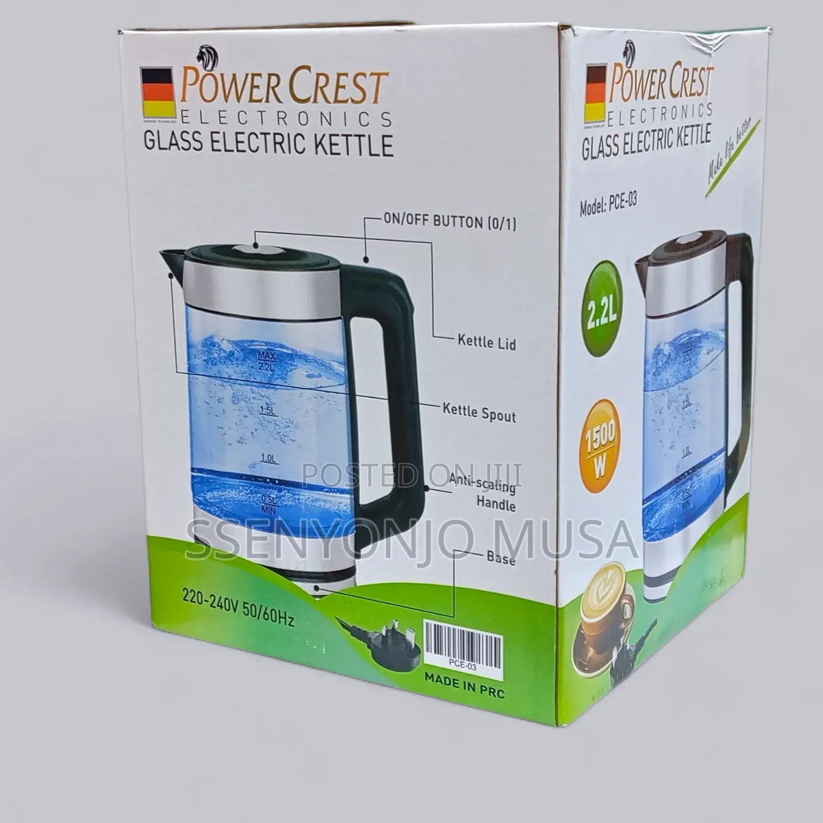 Power Crest Glass Electric Kettle With 1500w Power 2.2l