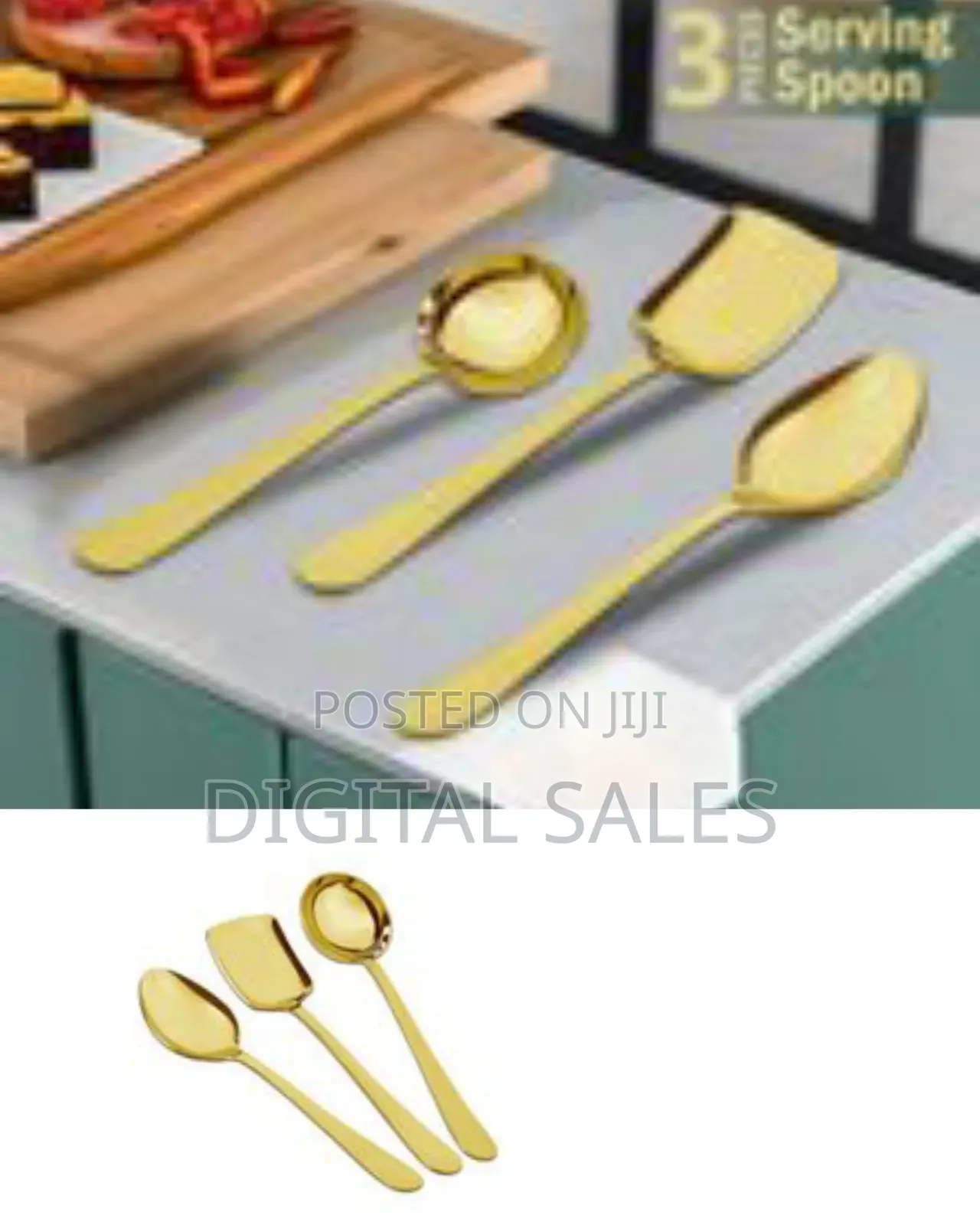 3 Pieces Stainless Steel Golden Serving Spoons Set for Dining