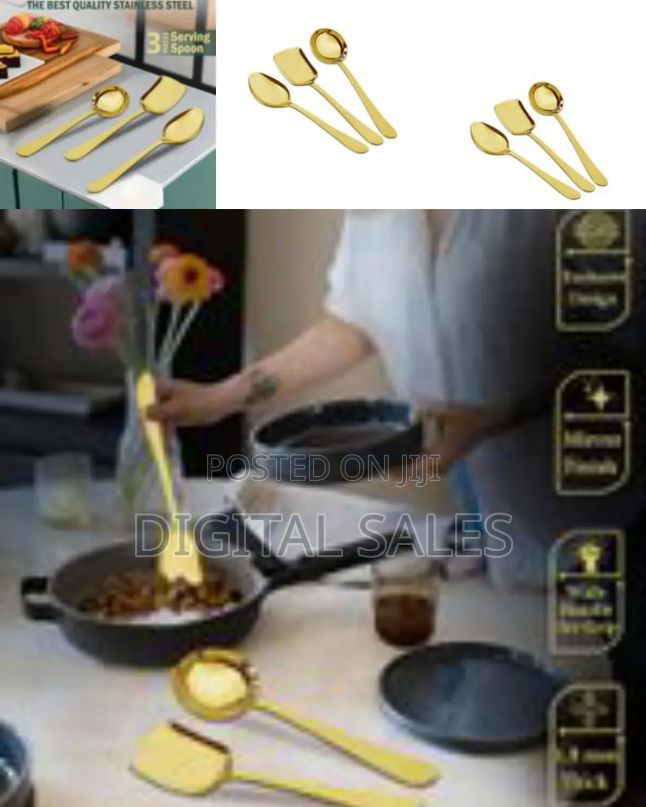 3 Pieces Stainless Steel Golden Serving Spoons Set for Dining