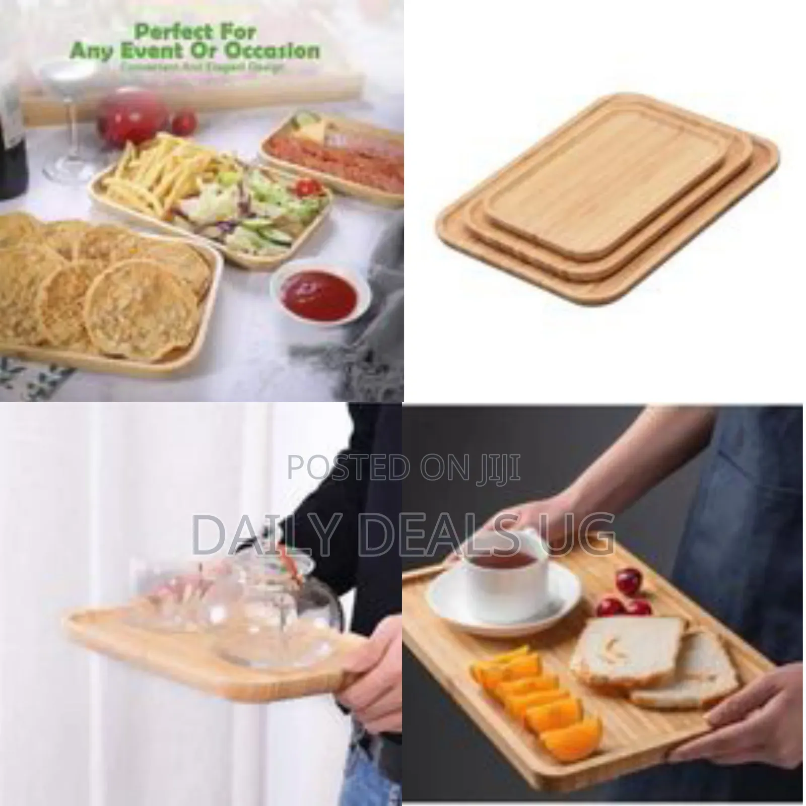 3 Piece Bamboo Wood Tea Food Serving Trays Plates - Brown