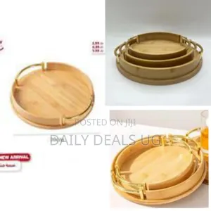 3 Piece Portable Round Fruit Bamboo Serving Tray With Metal Handles
