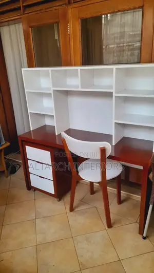 Reading Table in White and Mahogany Color With a Chair