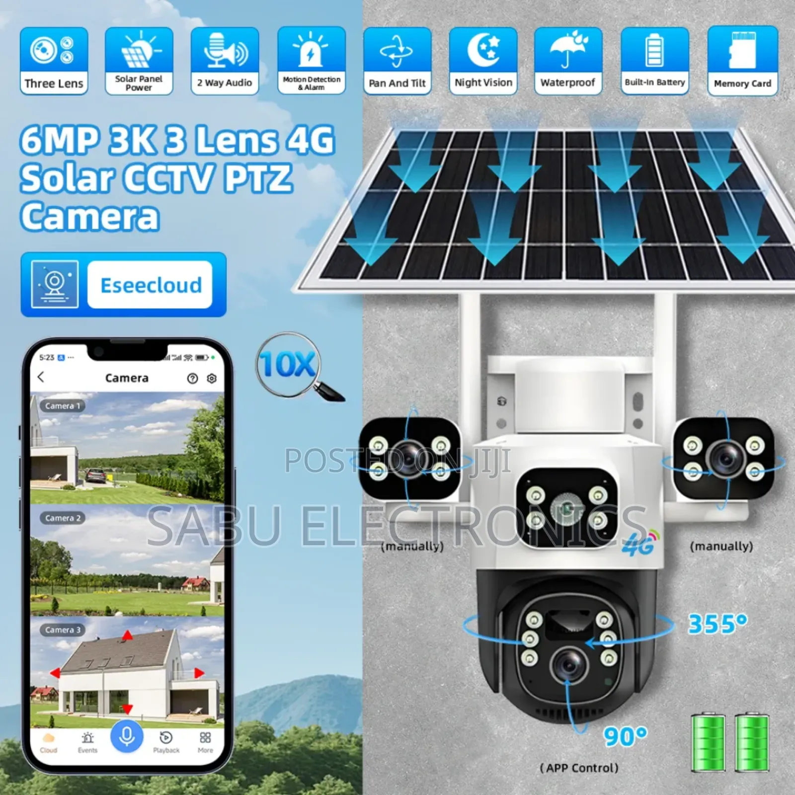 Eseecloud 3-Lens 4g Solar CCTV Camera Waterproof- Night Vision- 2audio