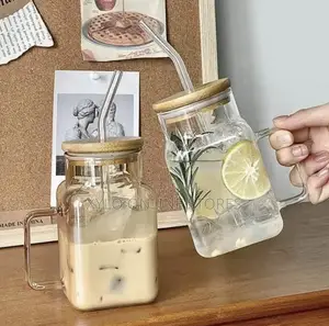 Glass Drinking Jar With Handle and Straw 450mls Bamboo Lid
