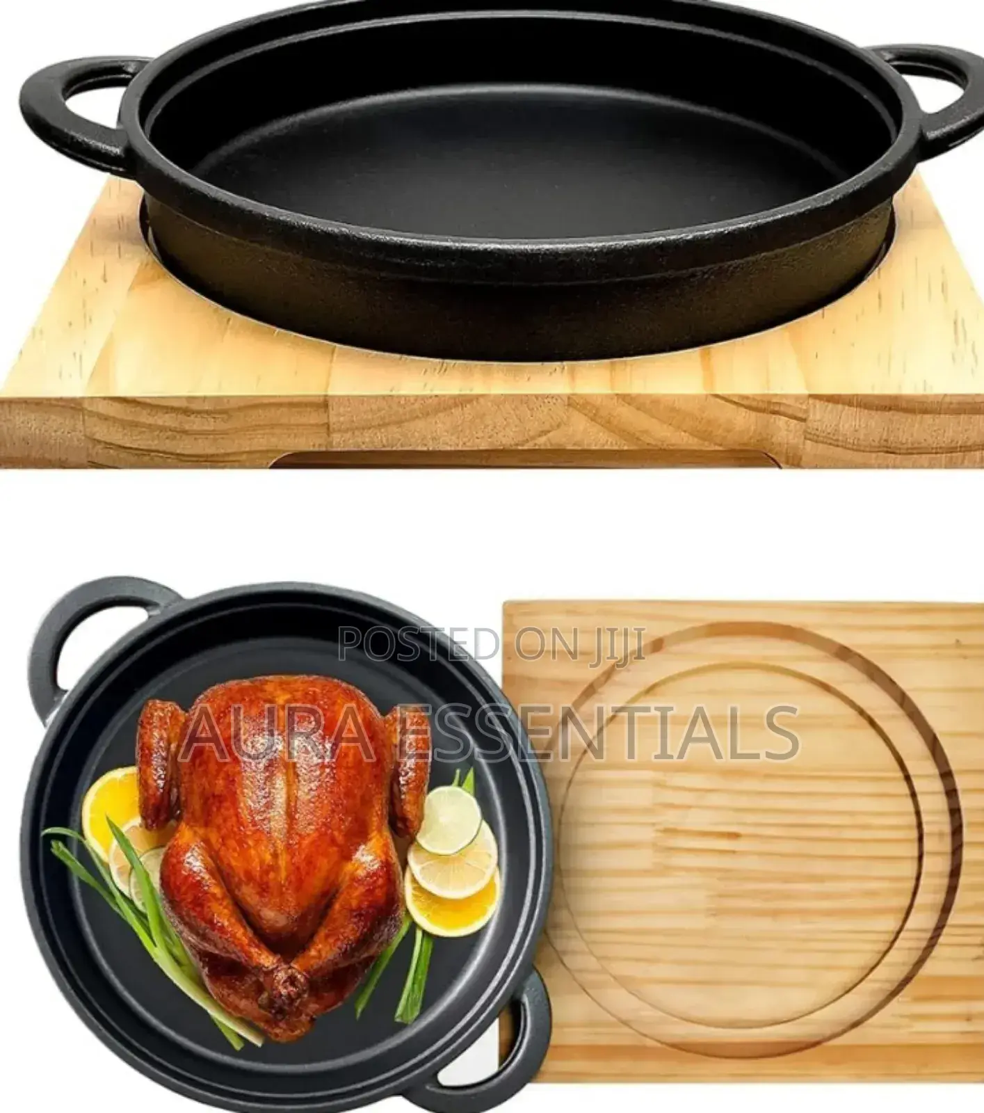 Cast Iron Sizzler Pan With a Wooden Serving Board