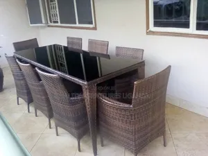 Tinted Glass 6 Seater Rattan Dining Table Set