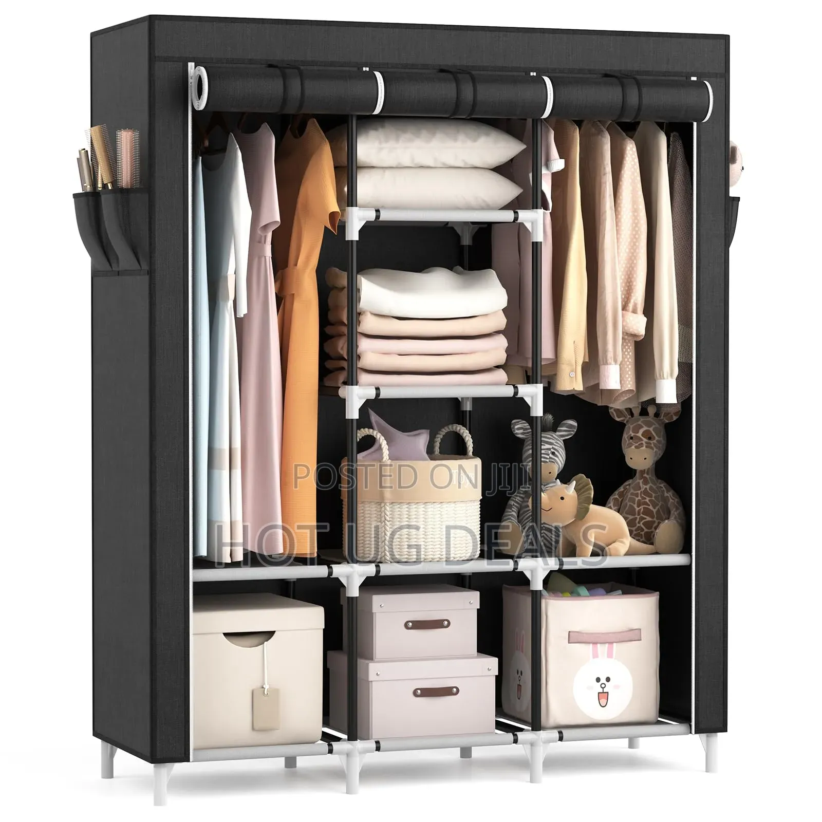 3 Column Metallic Cloth Wardrobe (Not Assembled) - Black