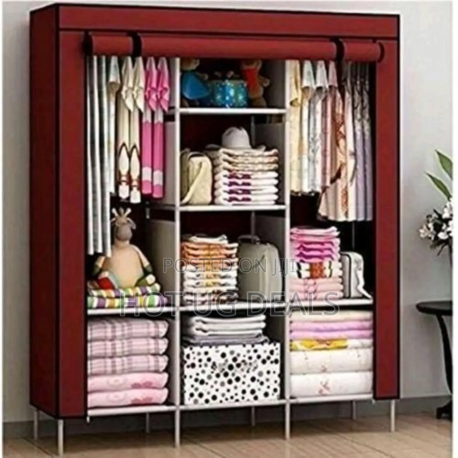 3 Column Metallic Cloth Wardrobe (Not Assembled) - Maroon