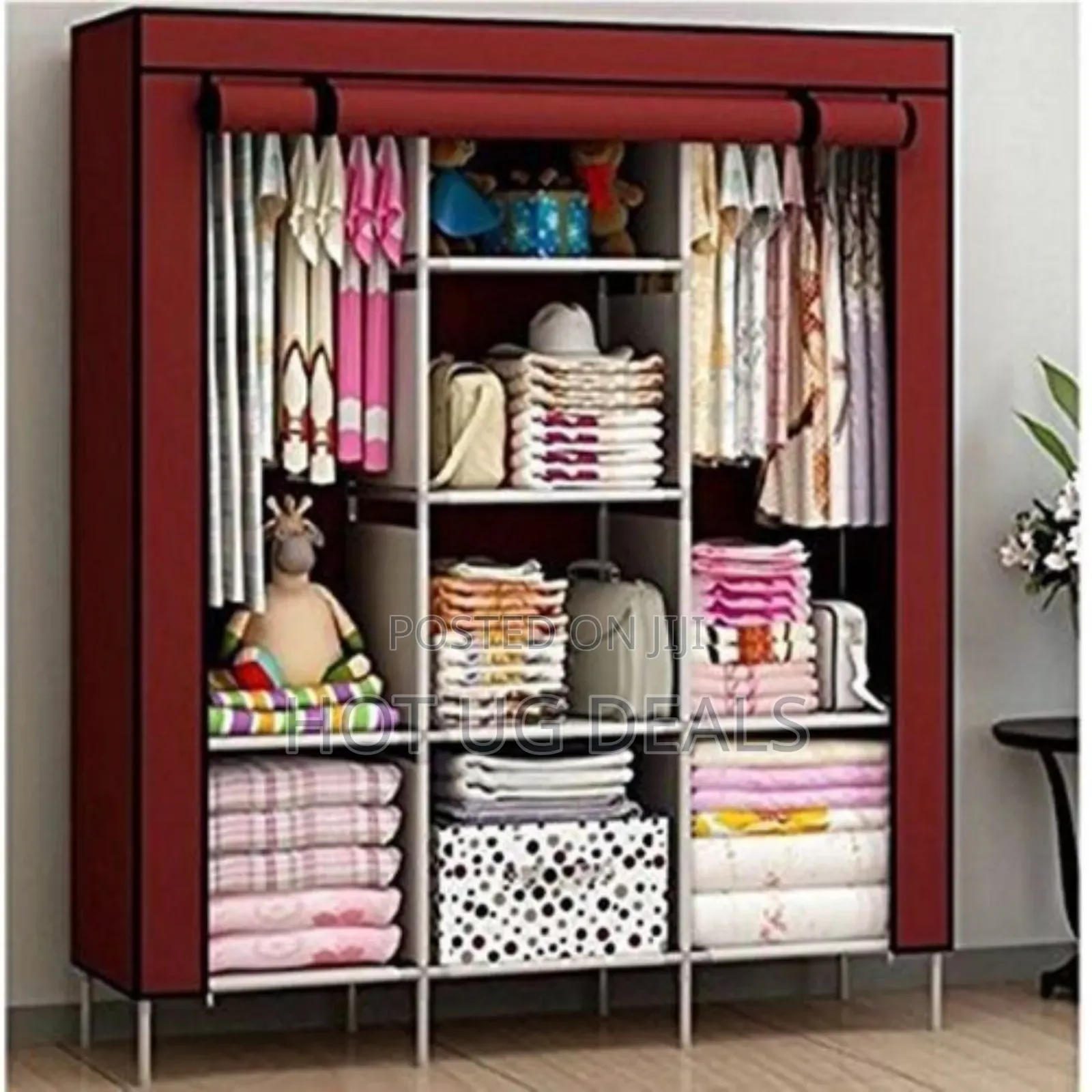 3 Column Metallic Cloth Wardrobe (Not Assembled) - Maroon