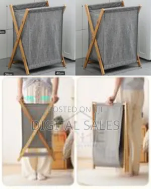 Foldable Clothes Laundry Basket Bag With Wooden Stand Storage Bin