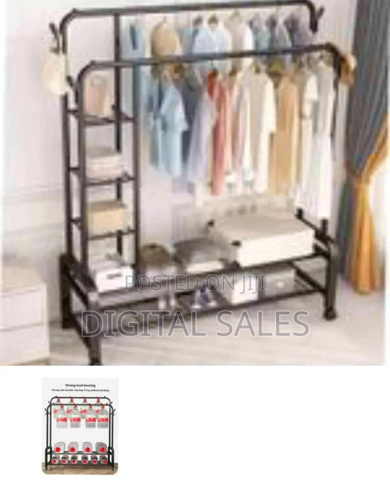 5 Tier Storage Shelves Coat Rail And 4 Hooks Double Pole Clothes Rack