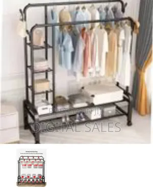 5 Tier Storage Shelves Coat Rail And 4 Hooks Double Pole Clothes Rack
