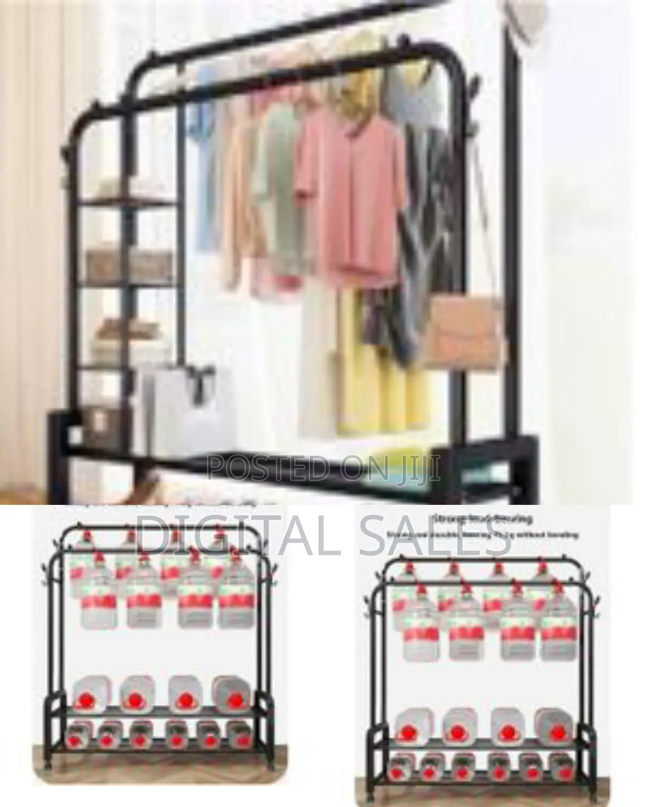 5 Tier Storage Shelves Coat Rail And 4 Hooks Double Pole Clothes Rack
