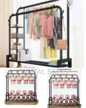 5 Tier Storage Shelves Coat Rail And 4 Hooks Double Pole Clothes Rack