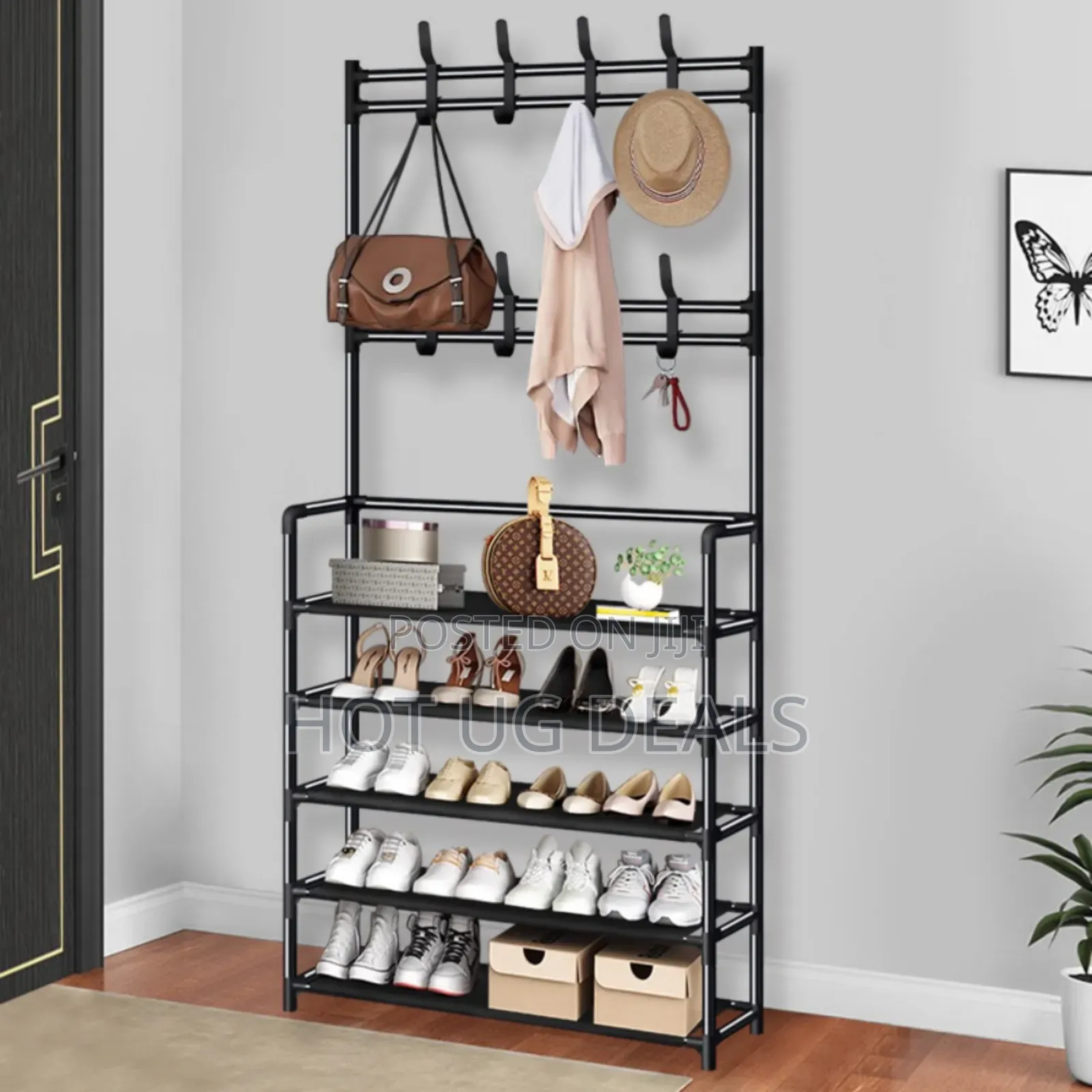 5 Layers Shoe Rack With Coat Hangers - Black ( Not Assembled)