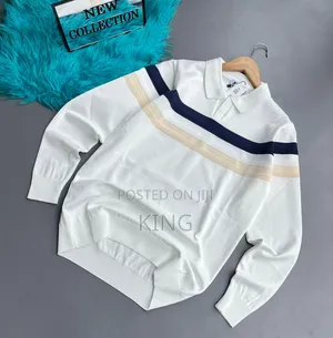 V Striped Pullover Sweater With a Polo Collar.
