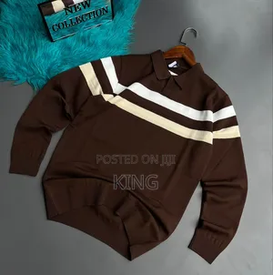 V Striped Pullover Sweater With a Polo Collar.
