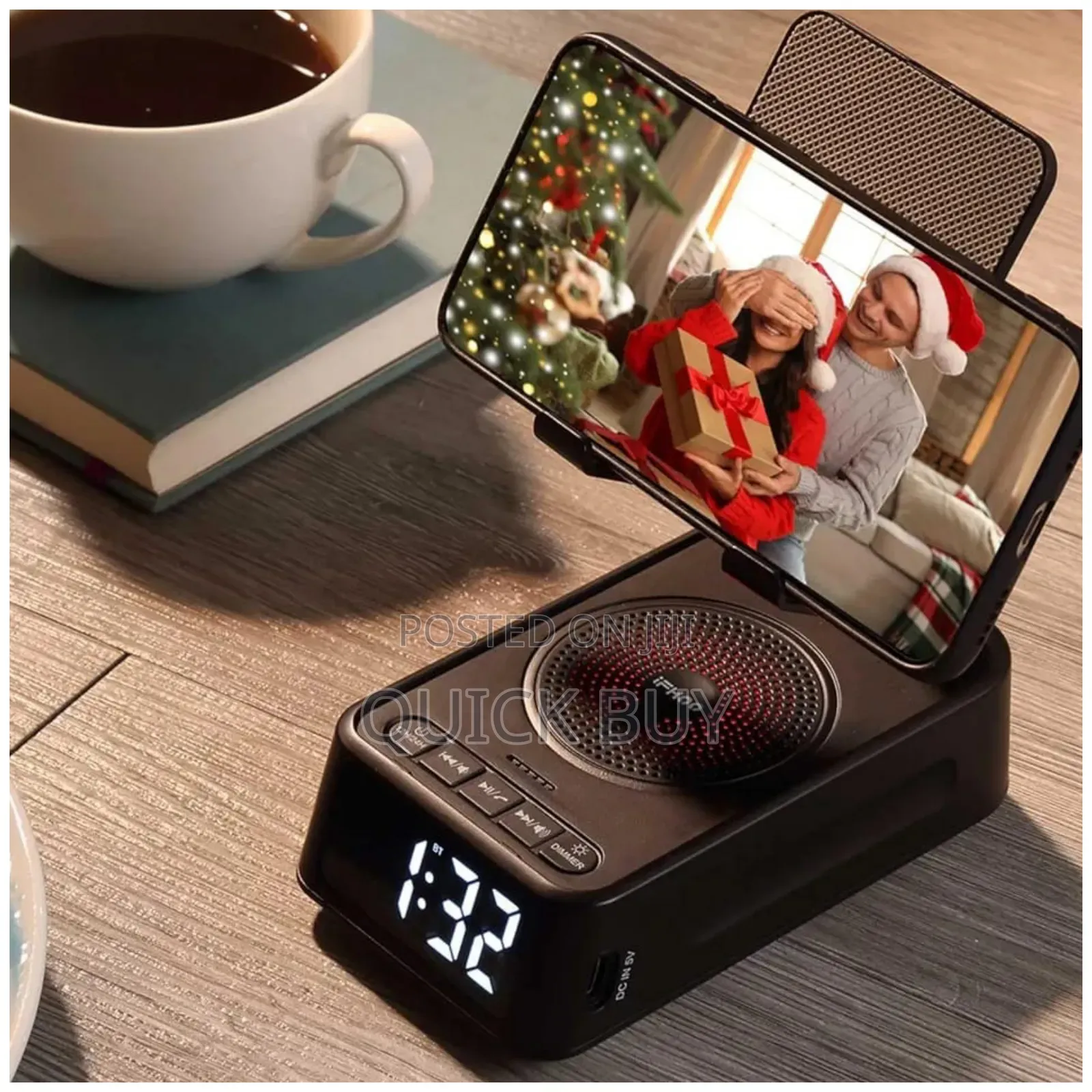 Phone Stand With Wireless Speaker And Alarm Clock.