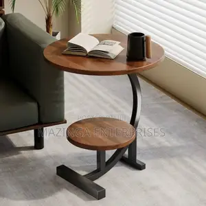 Midcentury Modern Two-Tier Wood and Metal Side Table WTH C-Shape Frame