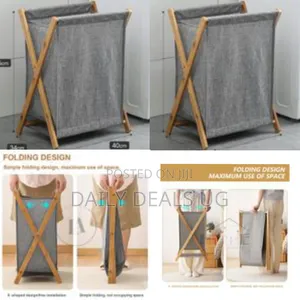 Foldable Clothes Laundry Basket Bag With Wooden Stand Storage Bin