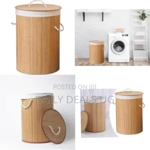 Round Foldable Laundry Basket Natural Bamboo With Lid for Bathrooms