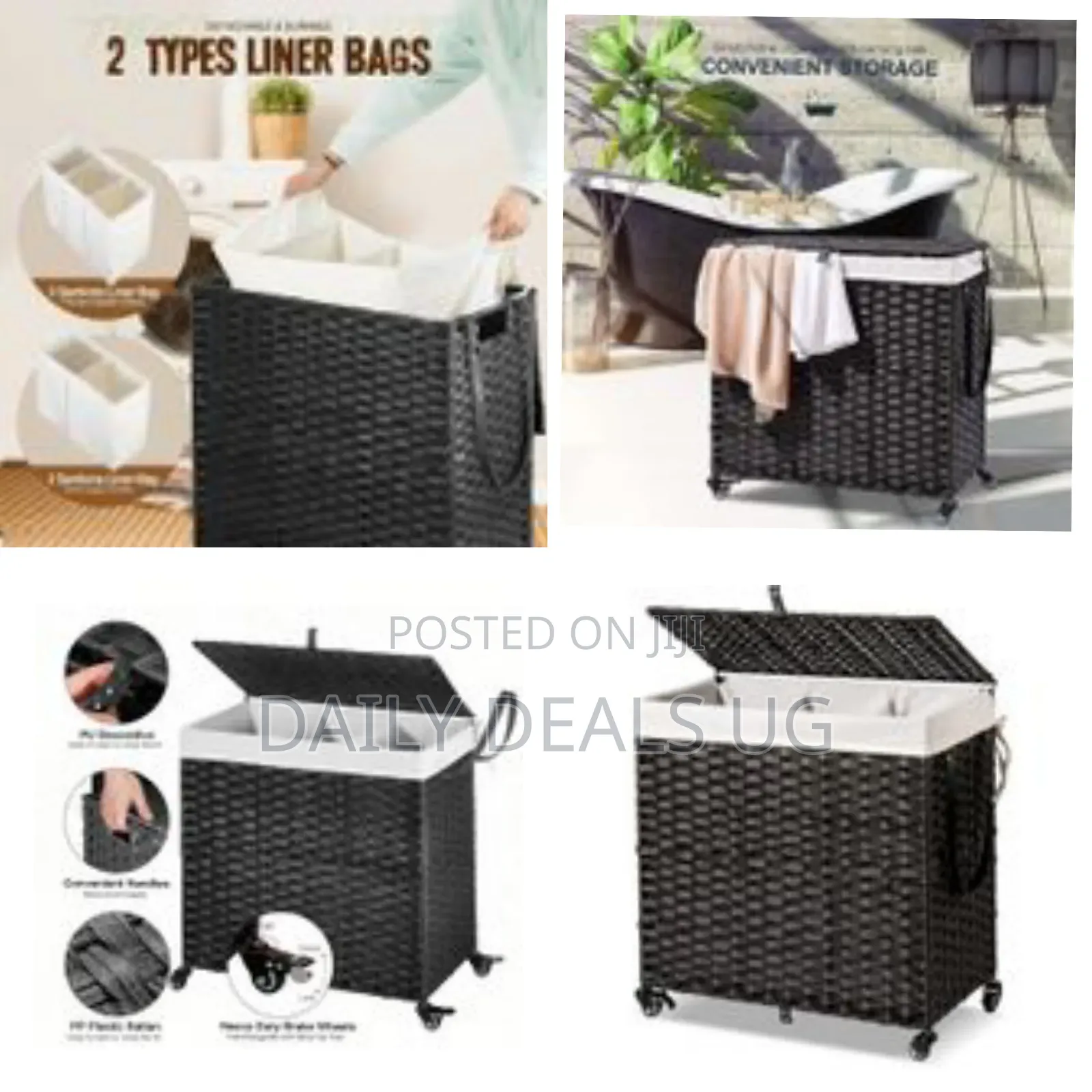 Laundry Basket With Wheels With Removable Liner Bag 3 Sections Divided