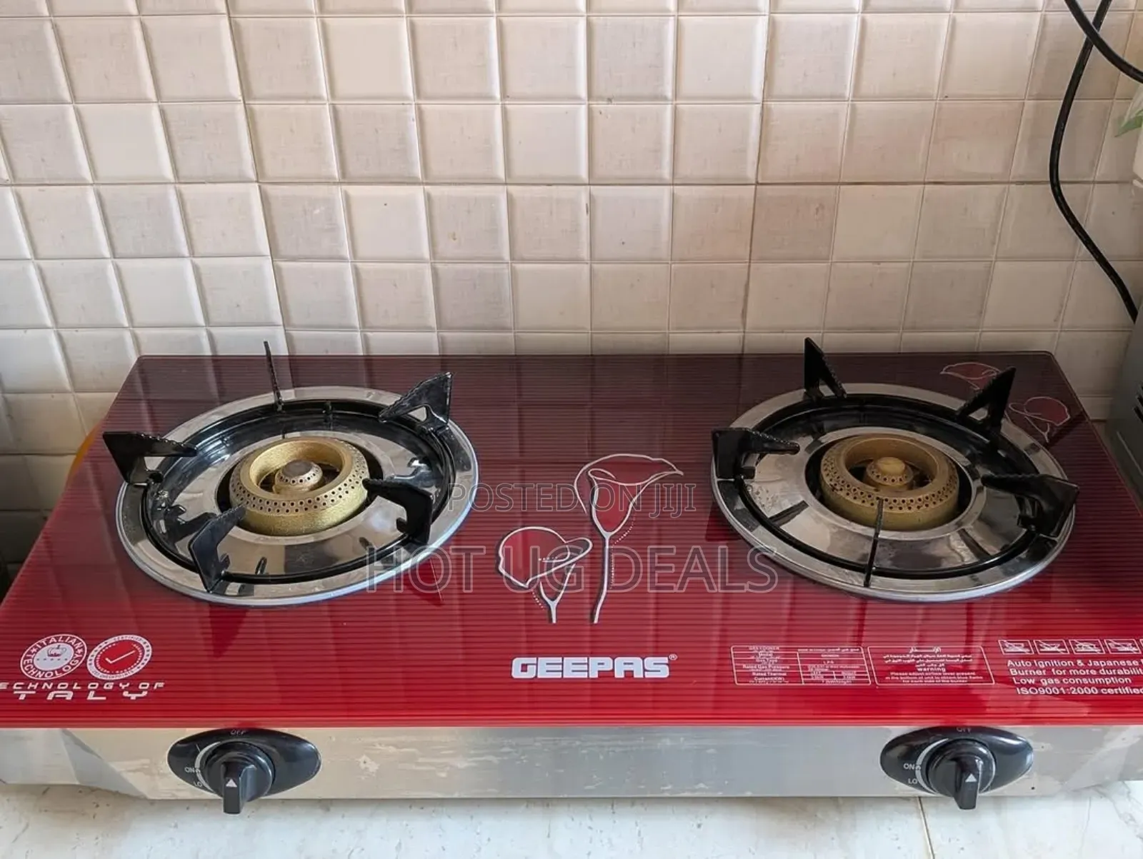 Geepas 2 Burner Glass Top Gas Stove, -maroon