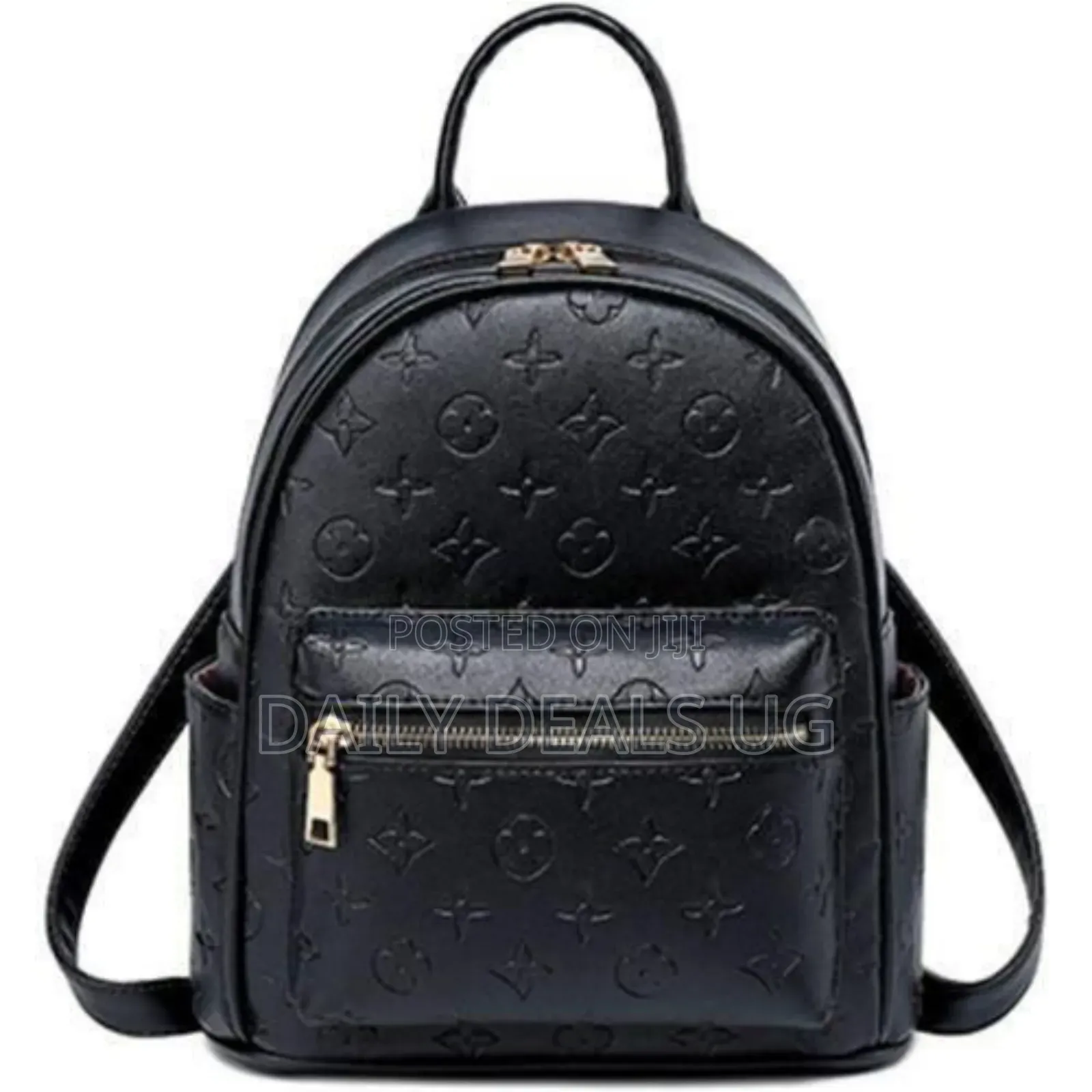 A Black Faux Leather Backpack With a Monogram Pattern