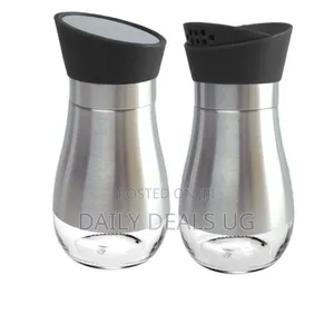 2 Pc Steel and Glass Rotating Pepper and Salt Shaker Set-Black