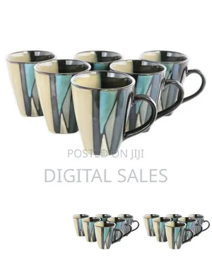 6 Pieces of Ceramic Blue Lined Square Coffee Tea Cups