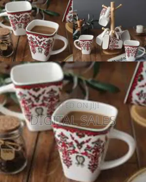 6 White Mugs Cups With Bamboo Stand Tree Holder With Thicker Base