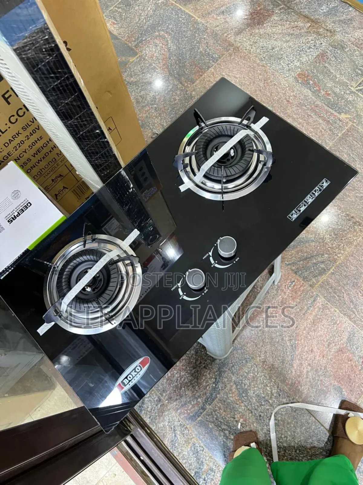 Boko Two Burner Gas Stove, Black Glass, Inbuilt/Table Top.