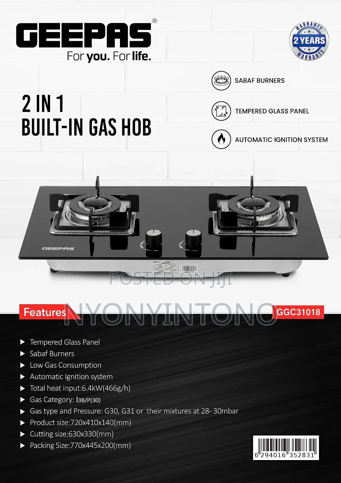 Geepas 2-in-1 Inbuilt Gas Hobb With Tempred Glass Top Ggc31018