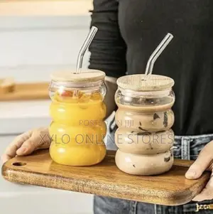 Bubble Drinking Tumbler Glass With Wooden Lid and Glass Straw