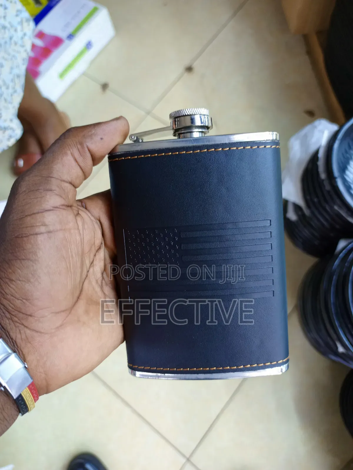 Black Leather-Wrapped Stainless Steel Hip Flask