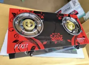 Pixel Double Burner Glass Gas Stove With Red and Black Flowers