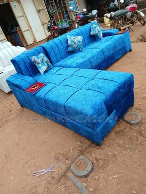 Blue L Sofa Set With Blue Cushions Ready for Sale