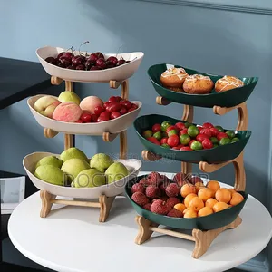 3 Tiers, Fruit Basket Stand With Natural Bamboo Stand
