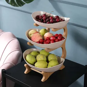 3 Tiers, Fruit Basket Stand With Natural Bamboo Sta