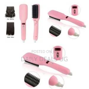 Ionic Hair Straightener Brush Comb 2 in 1 PTC Heating - Pink,Black