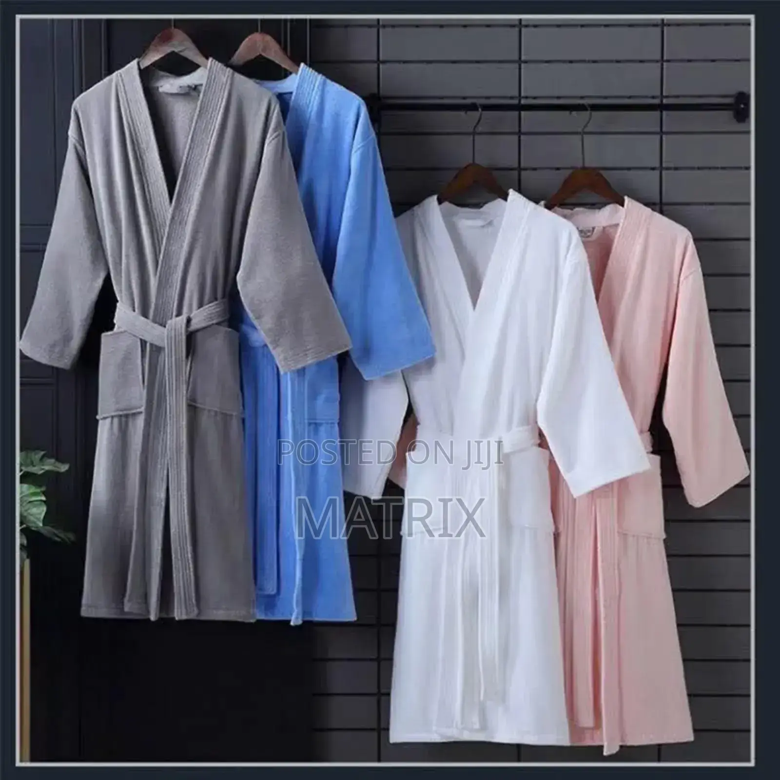 Cotton Bathrobes In Gray, Blue, White, And Pink Colors.