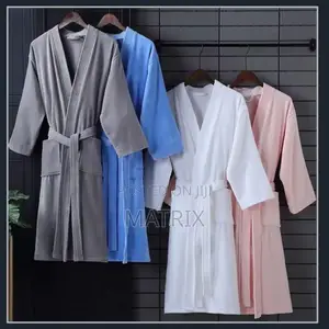 Cotton Bathrobes In Gray, Blue, White, And Pink Colors.