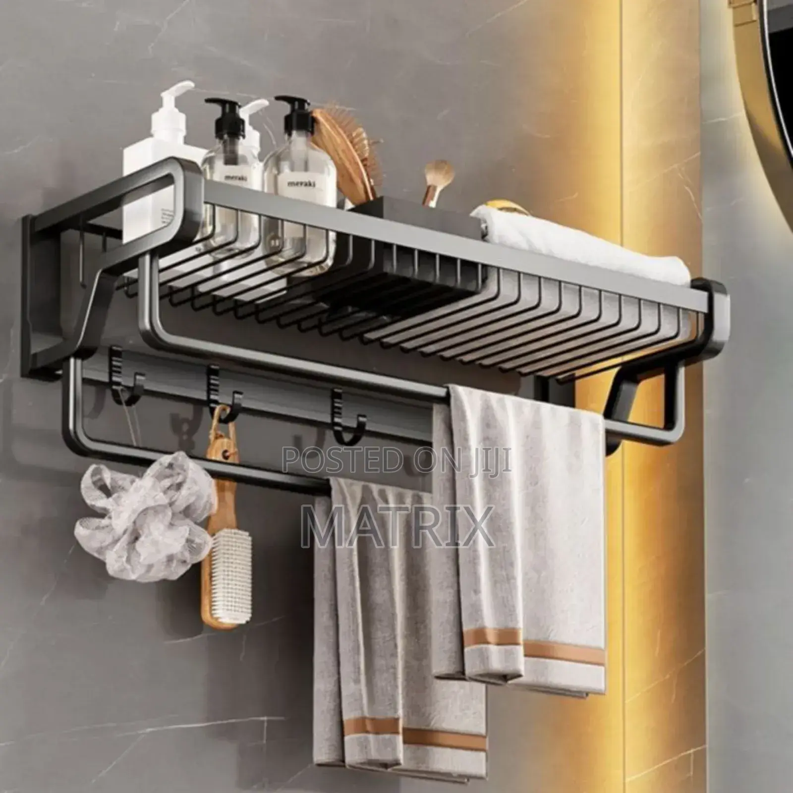 Bathroom Shelf With a Towel Bar and Hooks Organiser