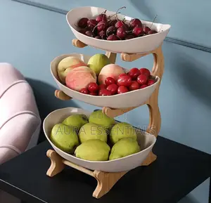 3 Tiers, Fruit Basket Stand With Natural Bamboo Stand