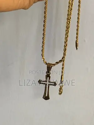Gold-Tone Cross Necklace With a Rope Chain
