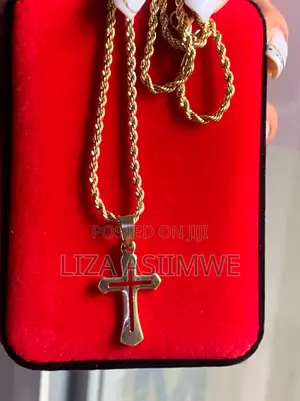Gold-Tone Cross Necklace With a Rope Chain