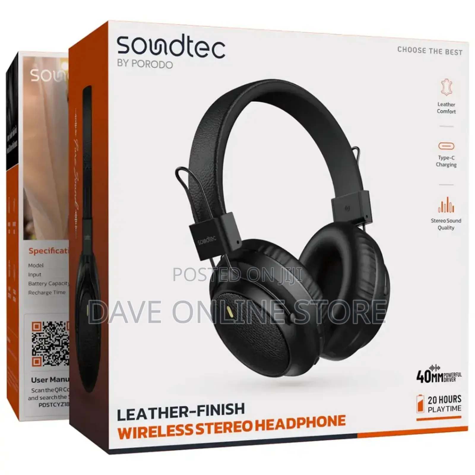 Porodo Soundtec Leather-Finish Wireless Stereo Headphone