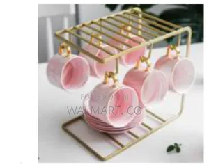 6 Tea Coffee Cups and Saucer Stand Rack Organizer-Gold