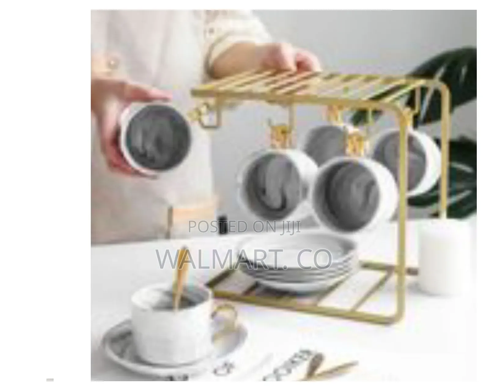 6 Tea Coffee Cups and Saucer Stand Rack Organizer-Gold
