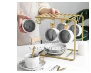 6 Tea Coffee Cups and Saucer Stand Rack Organizer-Gold